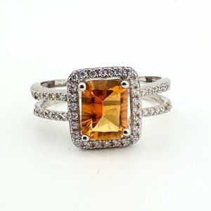 Radiant Cut Golden Citrine Gemstone Halo Set Surrounded with Diamond Accent - St